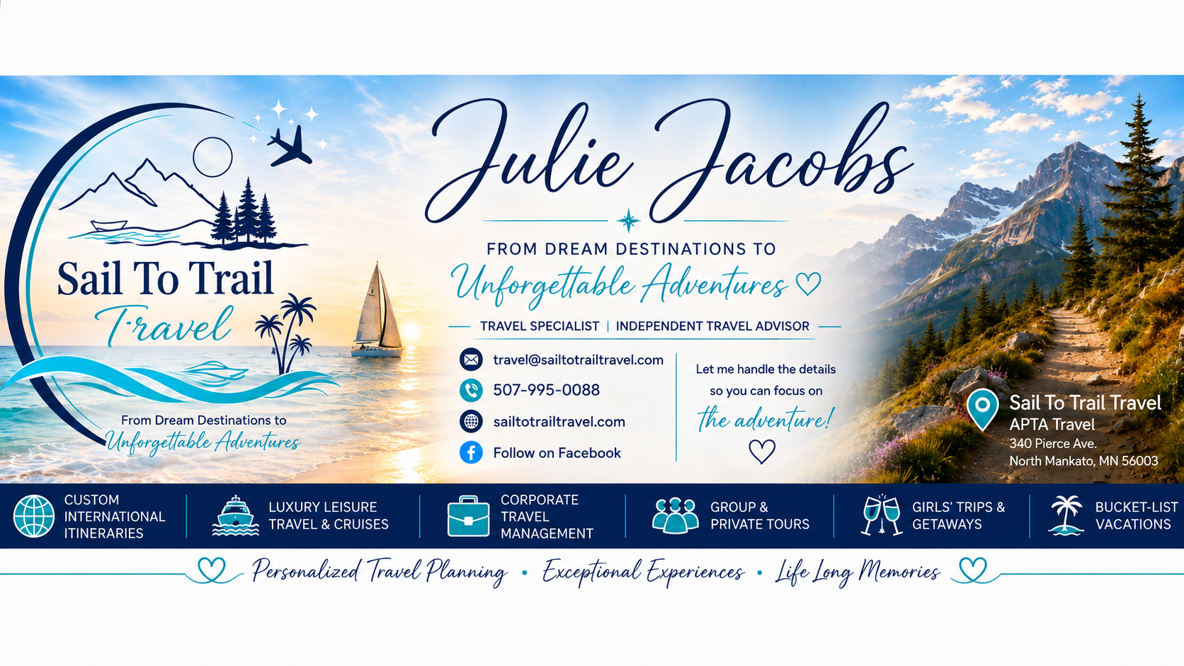 Sail To Trail Travel banner featuring ocean, sailboat, mountain trail, and Julie Jacobs contact information